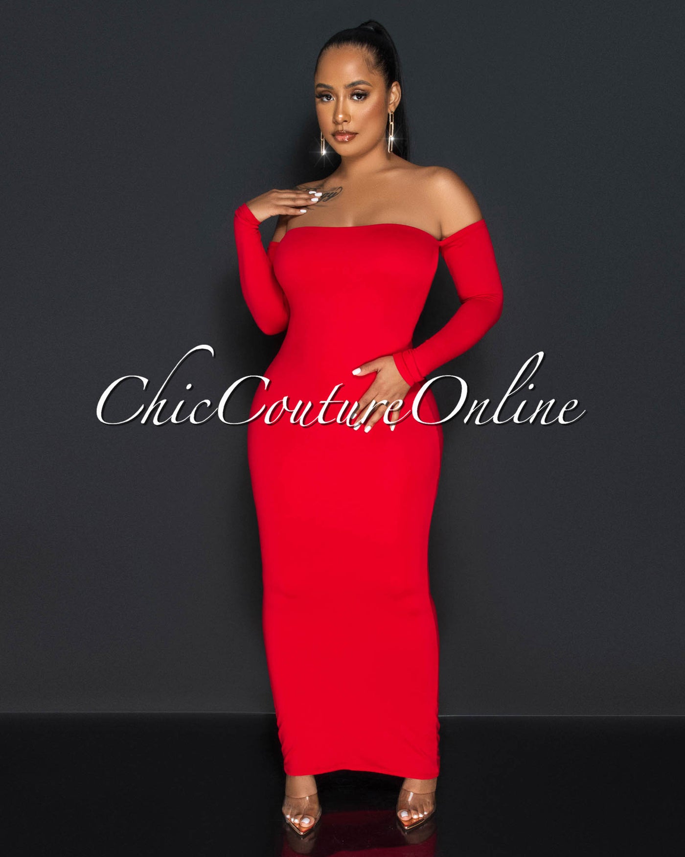 Grenade Red Low Ruched Back Double Lined Maxi Dress