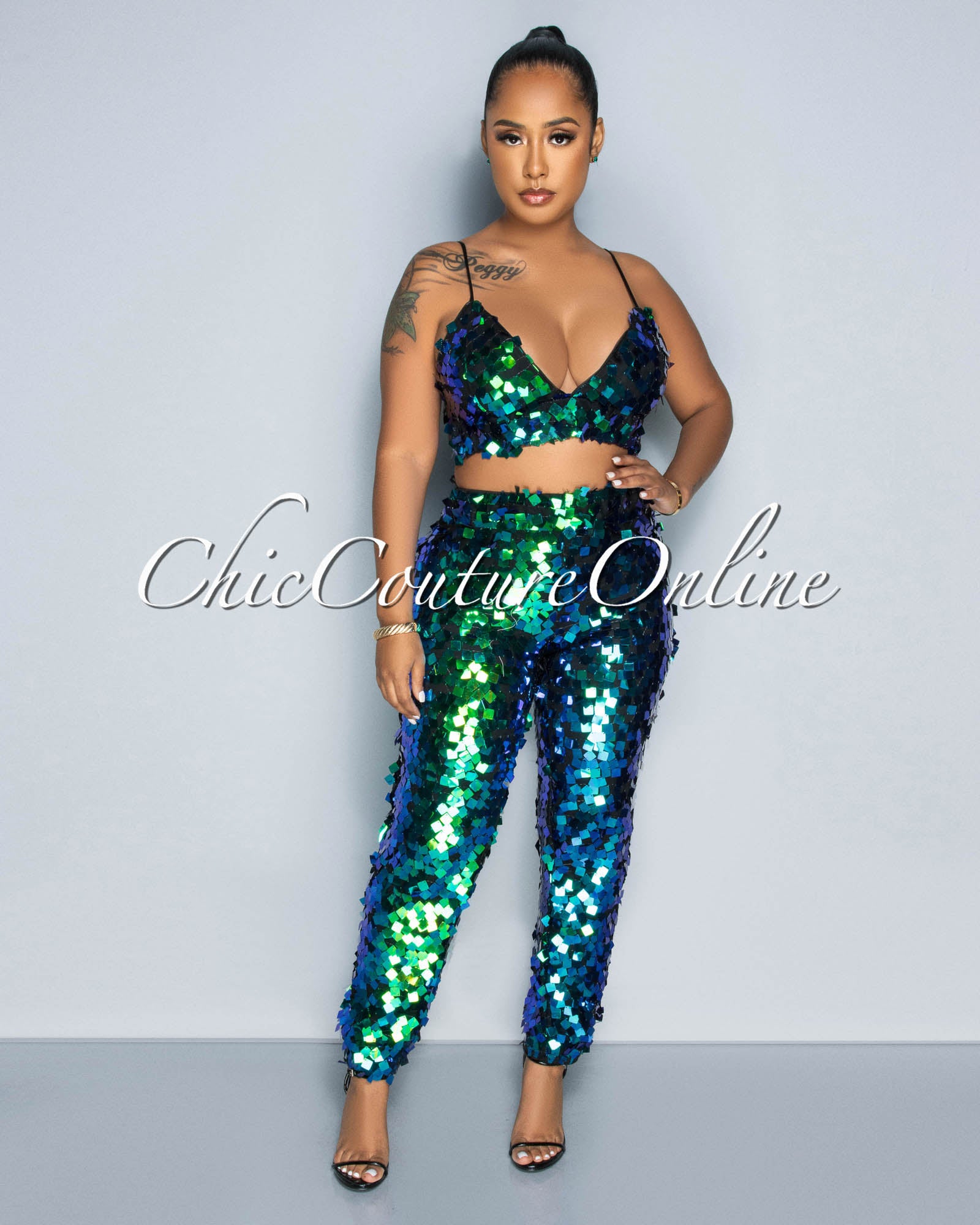 *Tensi Black Iridescent Sequins Crop Top & Pants Set