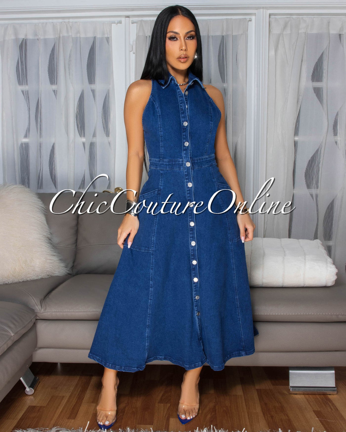 Elvira Medium-Blue Denim Button Front Maxi Dress