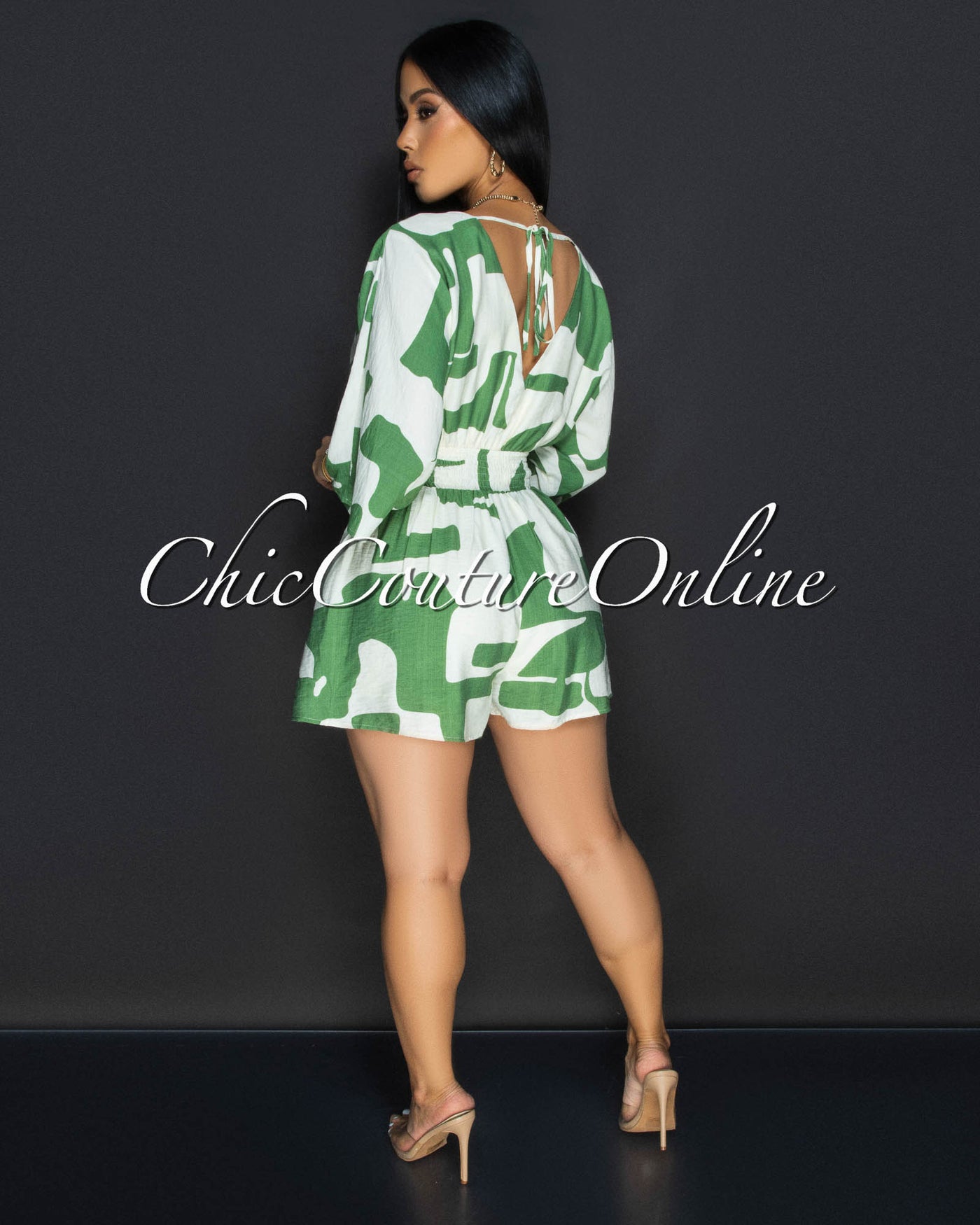 Emba Green Beige Print Romper