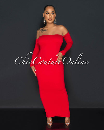 Grenade Red Low Ruched Back Double Lined Maxi Dress