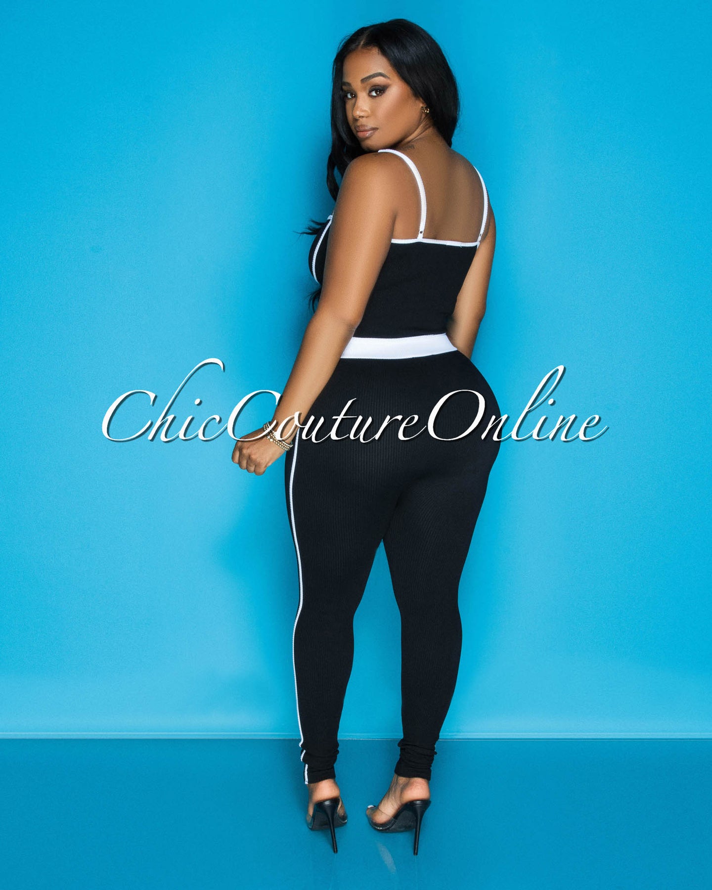 Manika Black White Crop Top & Leggings Ribbed Sculpting Set