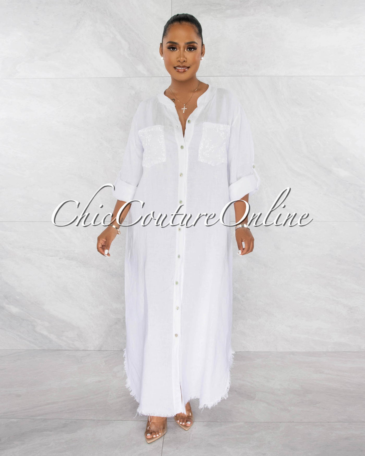 Halona White Sequins Pockets Buttoned Shirt LINEN Dress