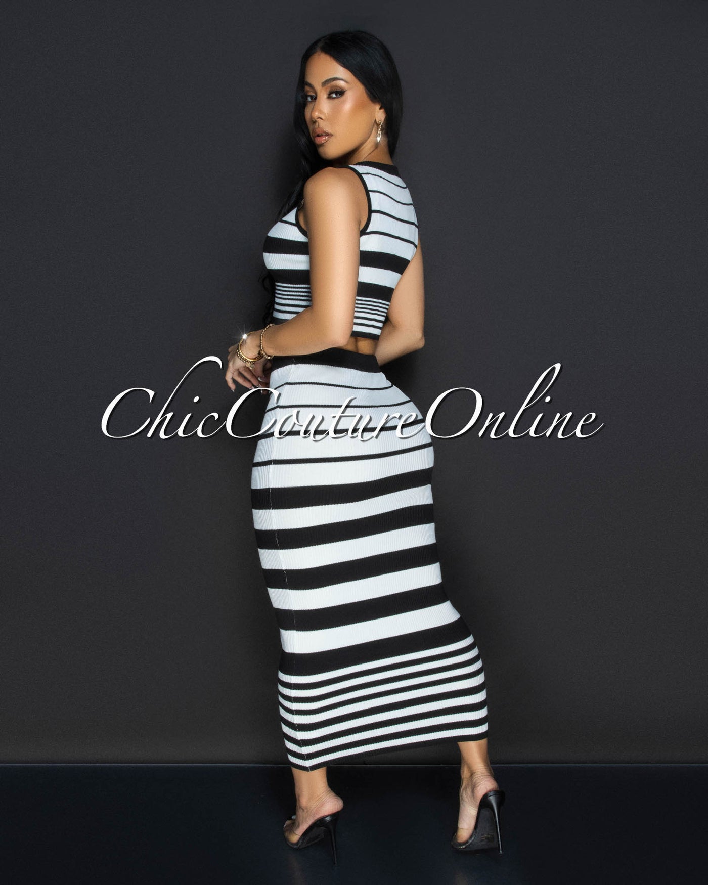 Evaline White Black Stripes Top & Midi Skirt Set