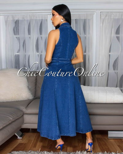 Elvira Medium-Blue Denim Button Front Maxi Dress