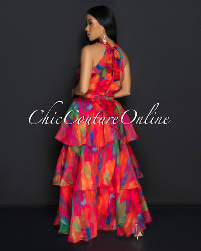 Donica Red Multi Print Crop Top & Tier Maxi Skirt Set