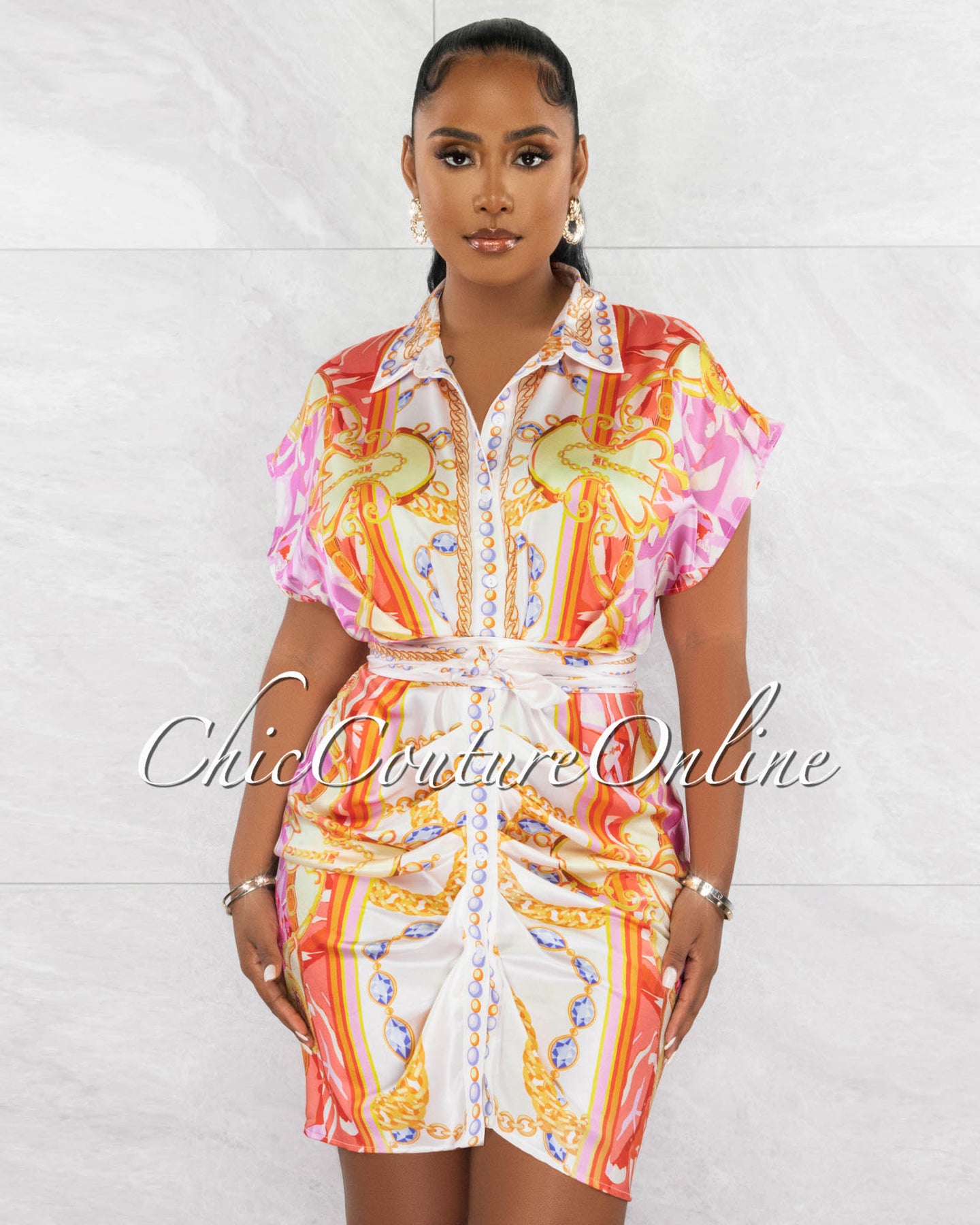 *Julien Pink Orange Print Draped Shirt Silky Dress