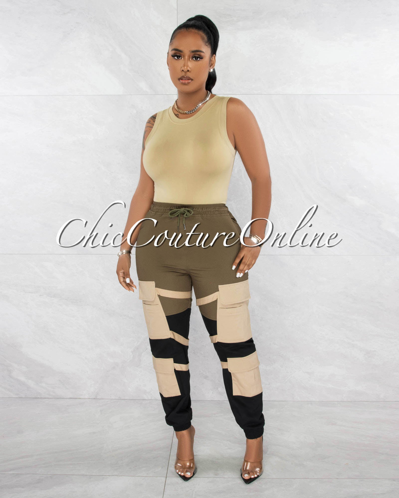 *Karry Olive Black Nude Straps Cargo Jogger Pants