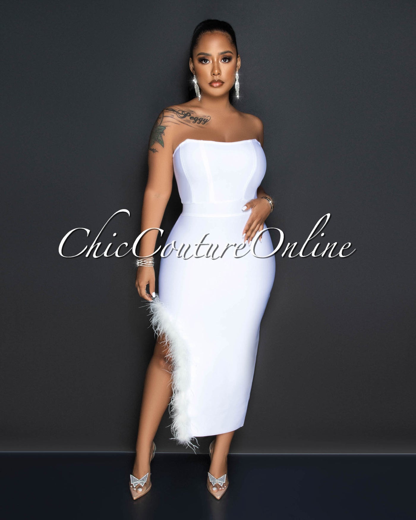 Elisha Off-White Feather Leg Slit Accent Bandage Midi Dress