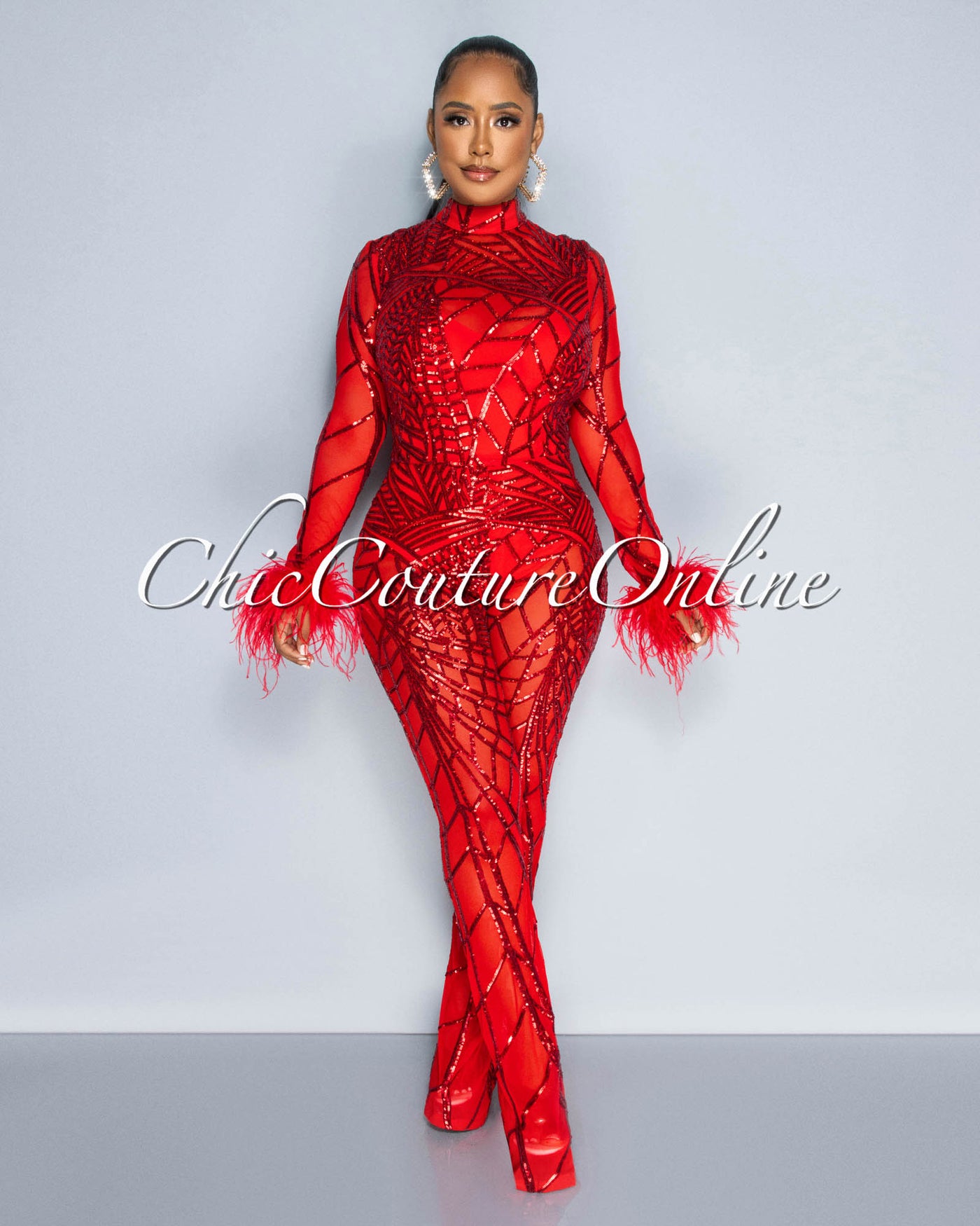 Sierra Red Sequins Feather Cuffs Mesh Jumpsuit