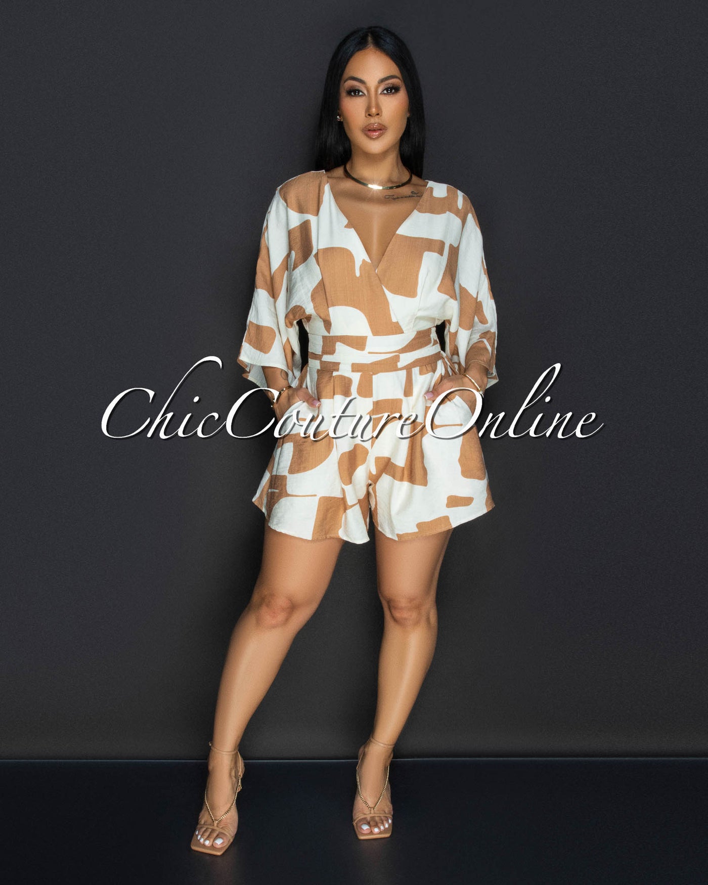 Emba Tan Beige Print Romper