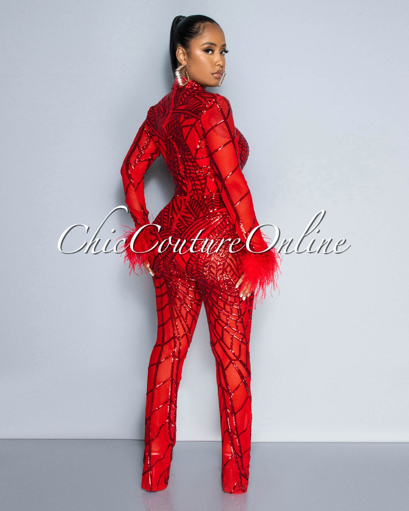 Sierra Red Sequins Feather Cuffs Mesh Jumpsuit