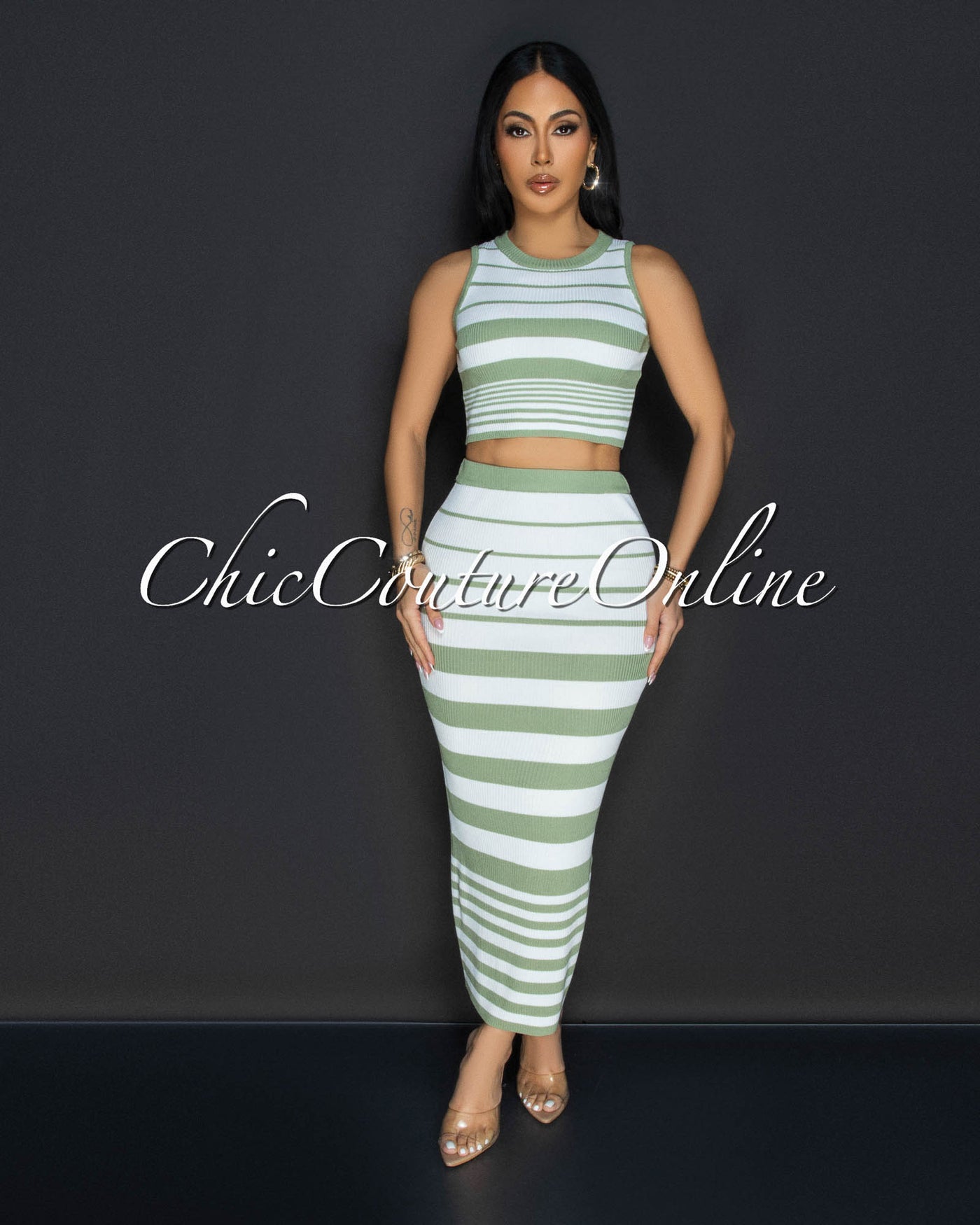 Evaline White Green Stripes Top & Midi Skirt Set