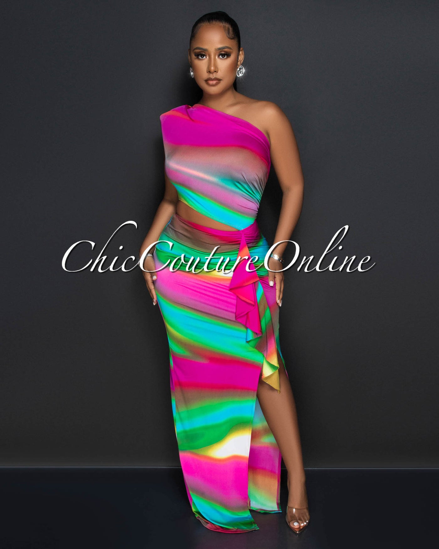 Cloris Multi-Color Print Cut-Out Ruffle Maxi Dress