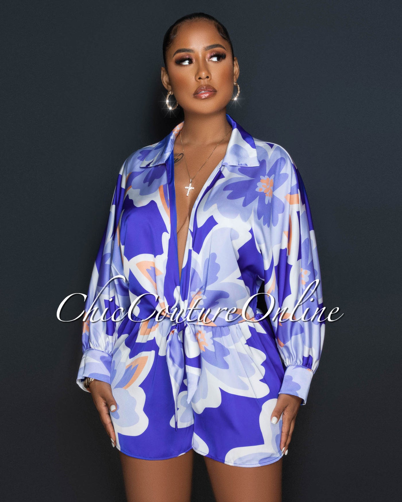 Issay Blue Multi-Color Print Shirt & Mini Shorts Silky Set