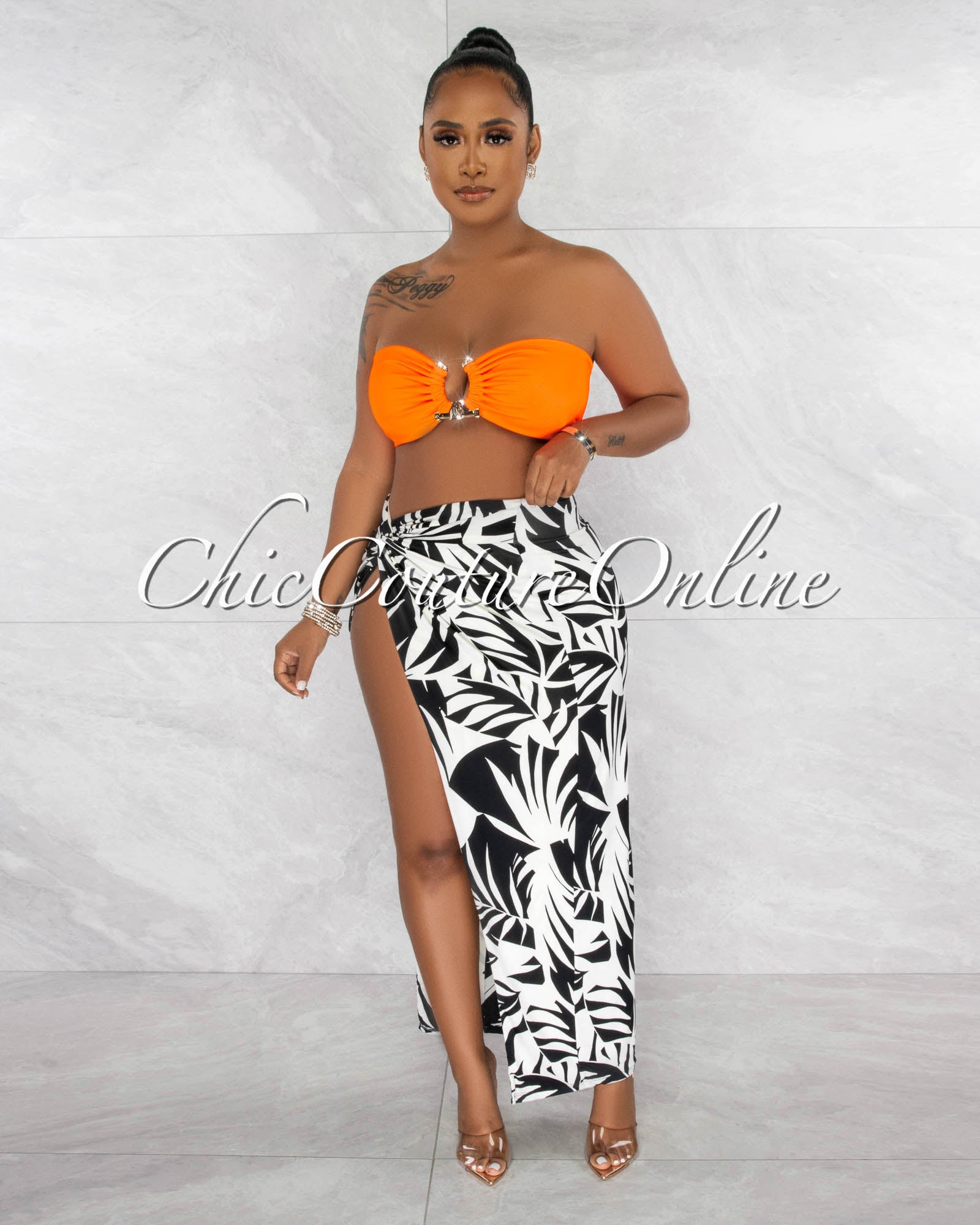 *Borina Neon Orange Gold Accent Top & Black White Slit Skirt Set