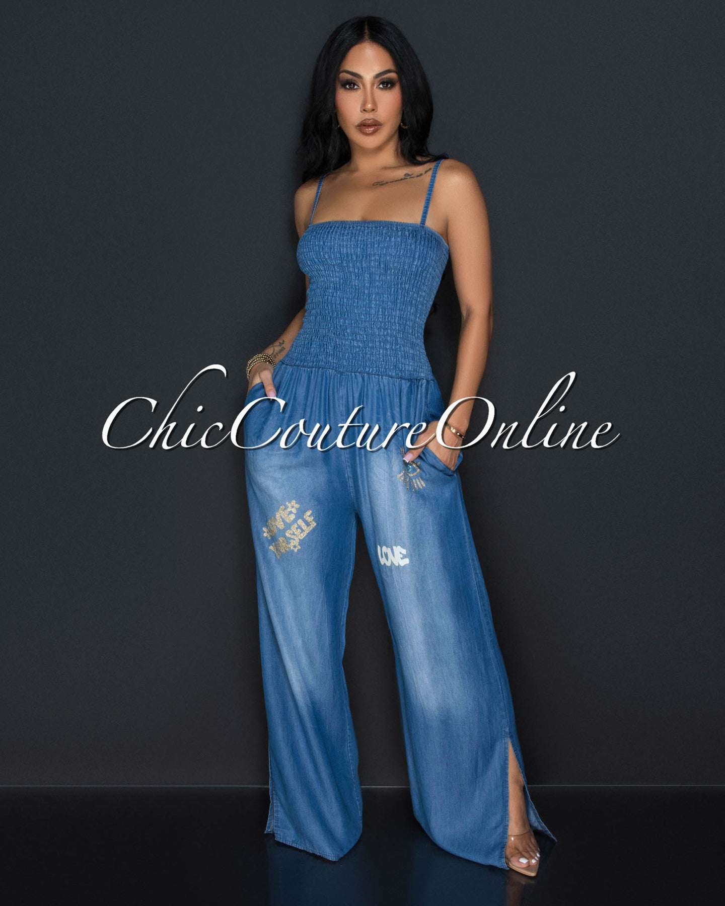 Malaya Dark Denim Glitter Design Smocked Top Widelegs Jumpsuit