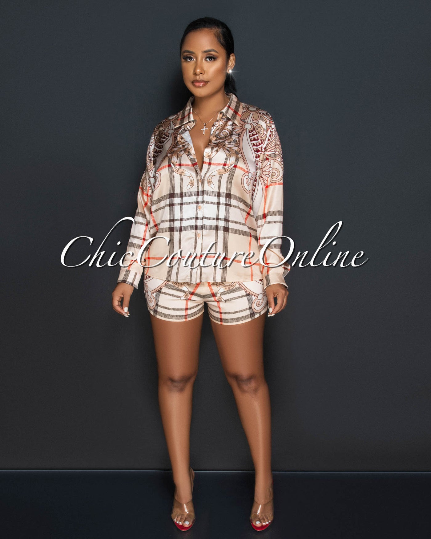 Bethany Nude Plaid Print Silky Shirt & Shorts Set