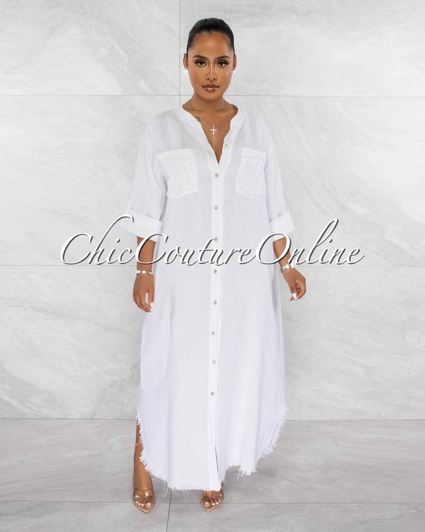 Halona White Sequins Pockets Buttoned Shirt LINEN Dress