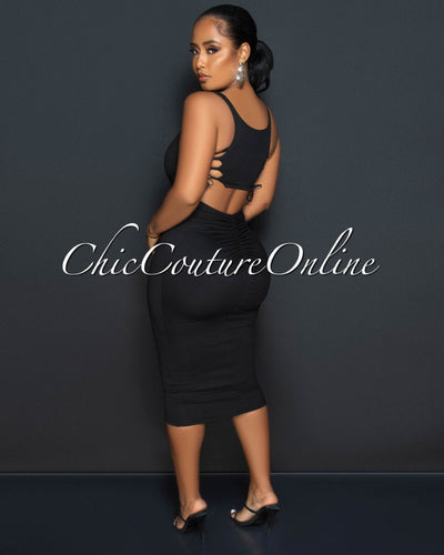Cursten Black Back Cut-Out Lace-Up Midi Dress