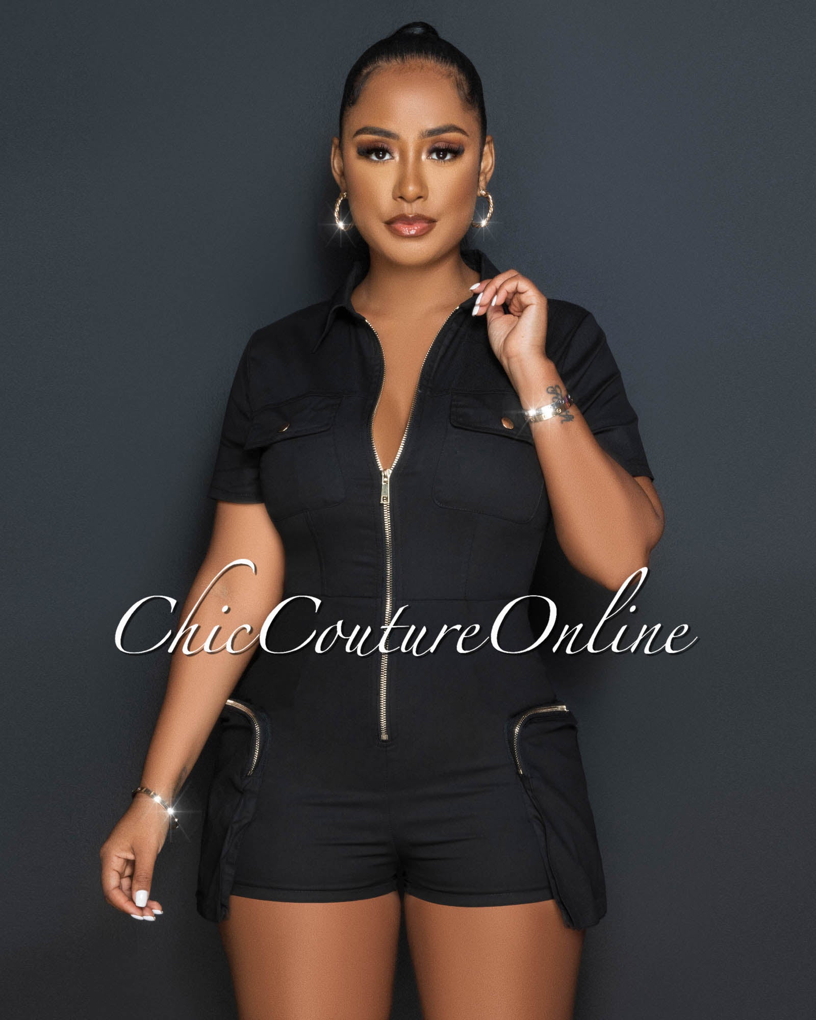 *Sidney Black Cargo Pockets Utility Romper