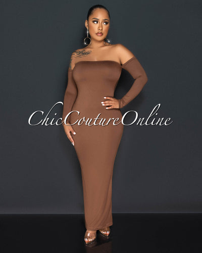 Grenade Brown Low Ruched Back Double Lined Maxi Dress