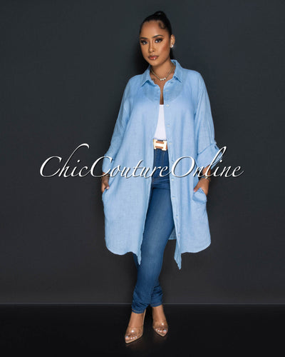 Cheyenne Baby Blue Front Buttons Shirt LINEN Midi Dress