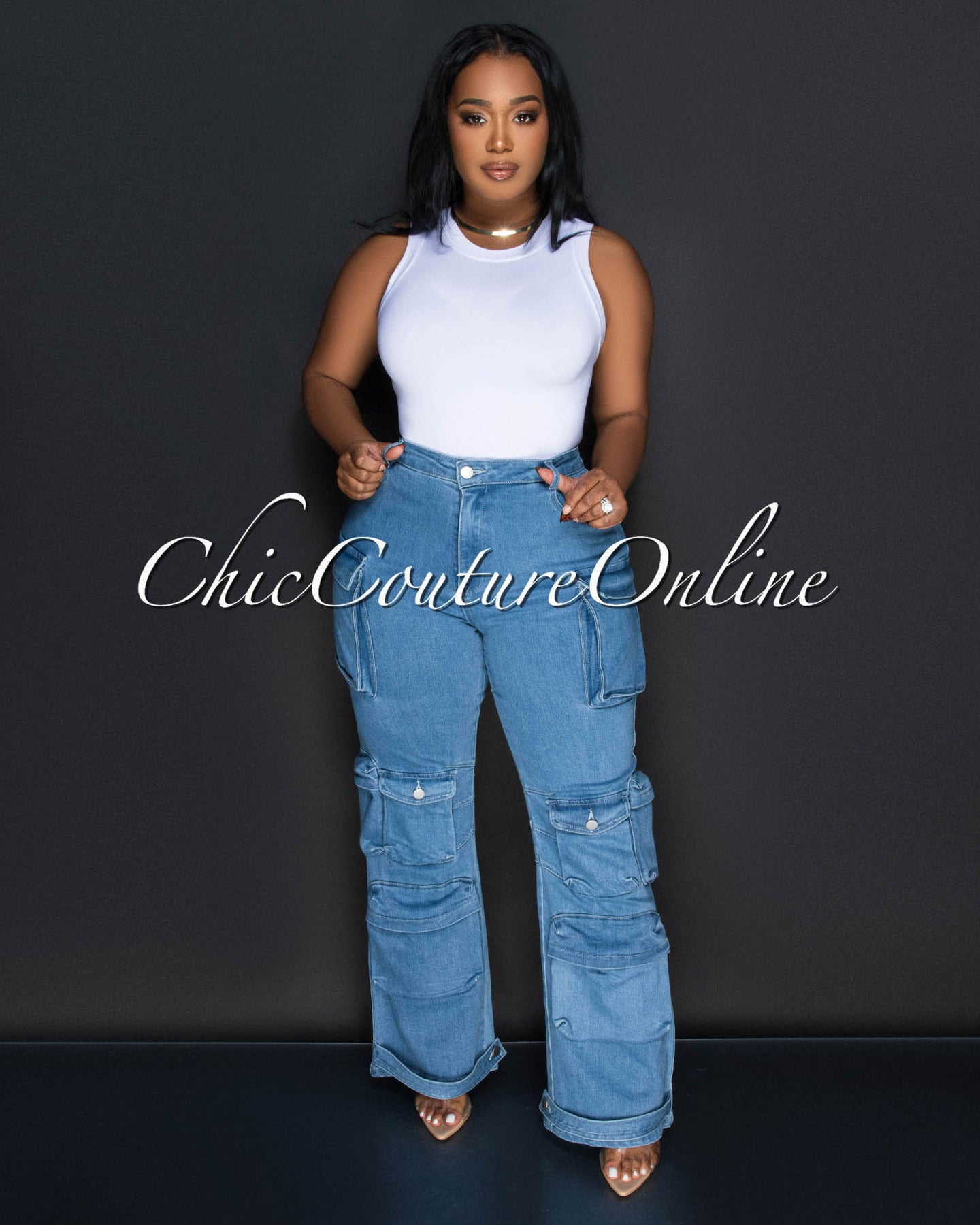 *Marone Light Denim Wide Cargo Jeans