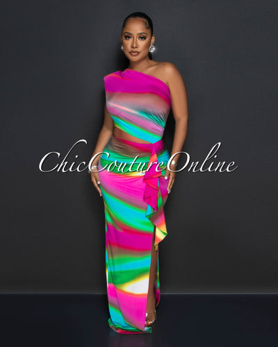 Cloris Multi-Color Print Cut-Out Ruffle Maxi Dress