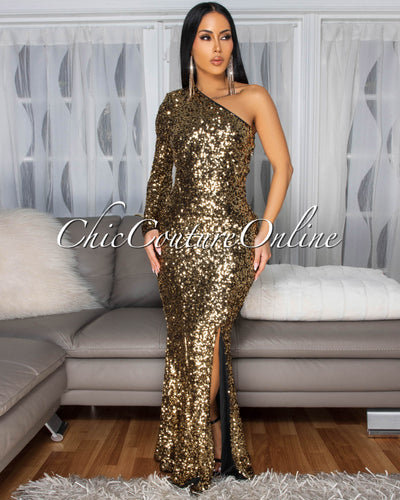 Prima Gold Black Sequins Side Slit Single Shoulder Gown