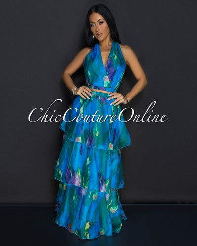 Donica Blue Multi Print Crop Top & Tier Maxi Skirt Set