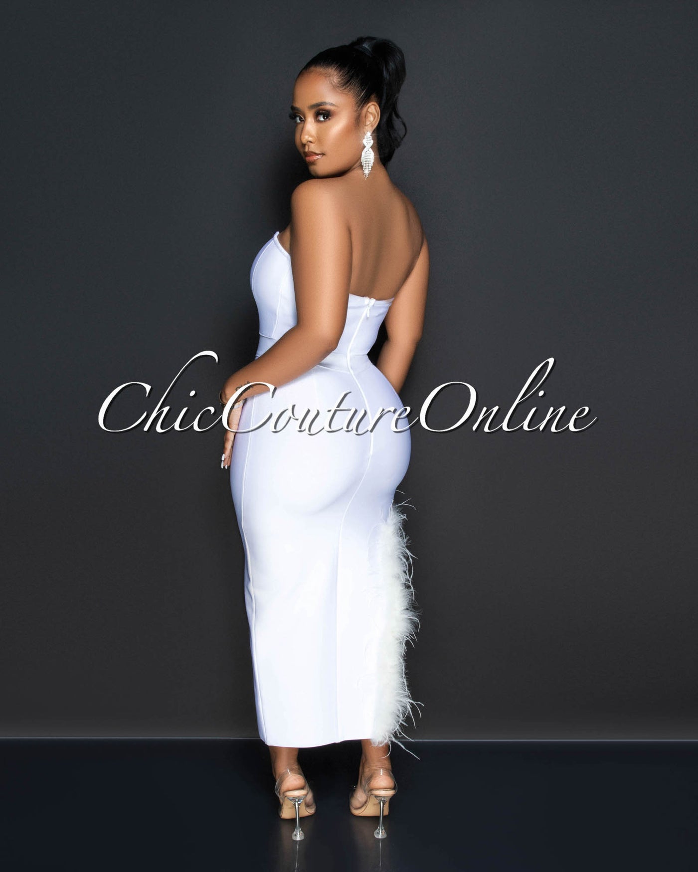 Elisha Off-White Feather Leg Slit Accent Bandage Midi Dress