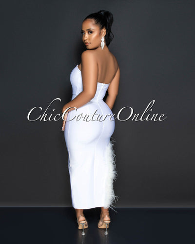 Elisha Off-White Feather Leg Slit Accent Bandage Midi Dress