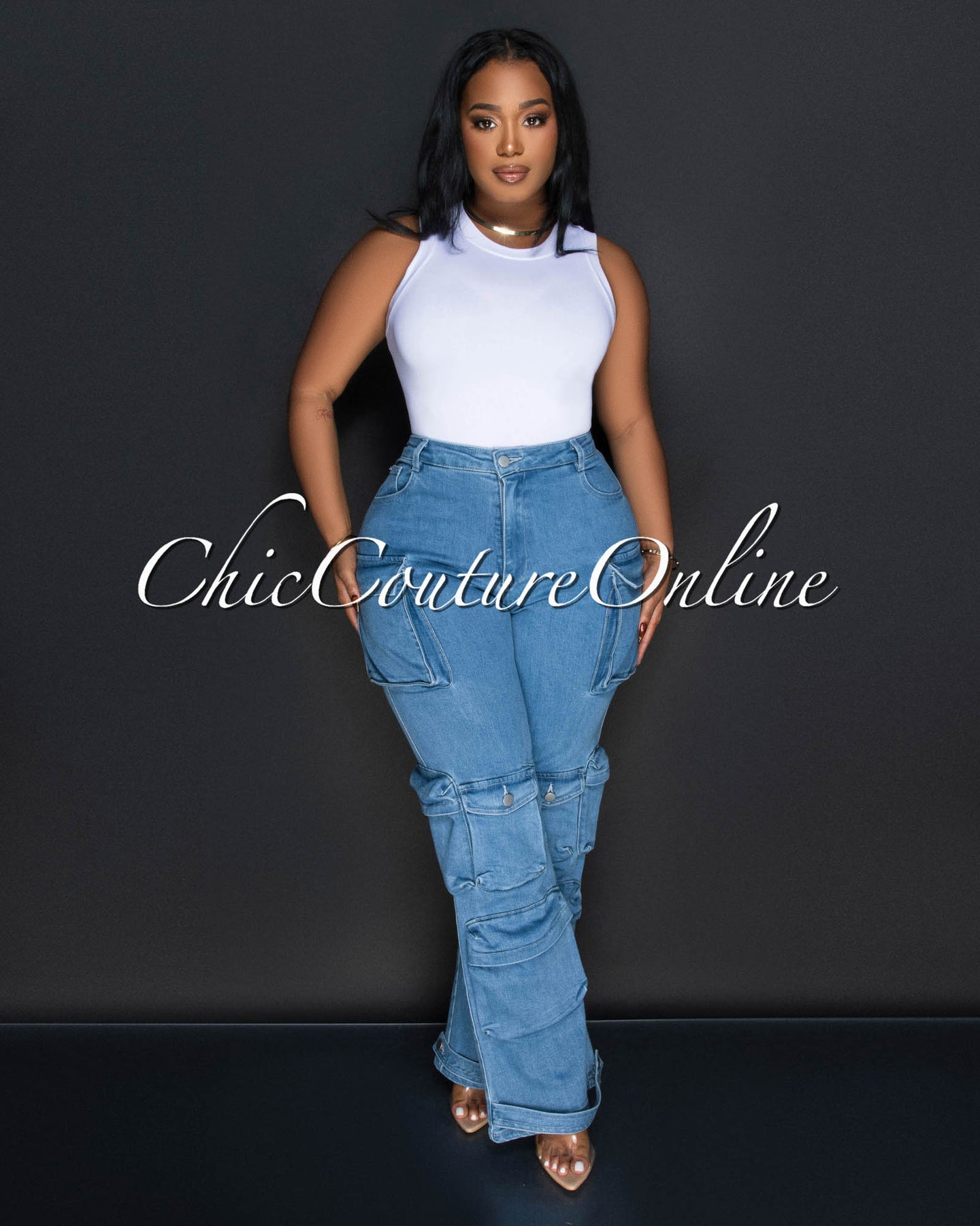 Marone Light Denim Wide Cargo Jeans