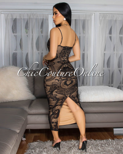 Blondine Black Lace Nude Illusion Midi Dress