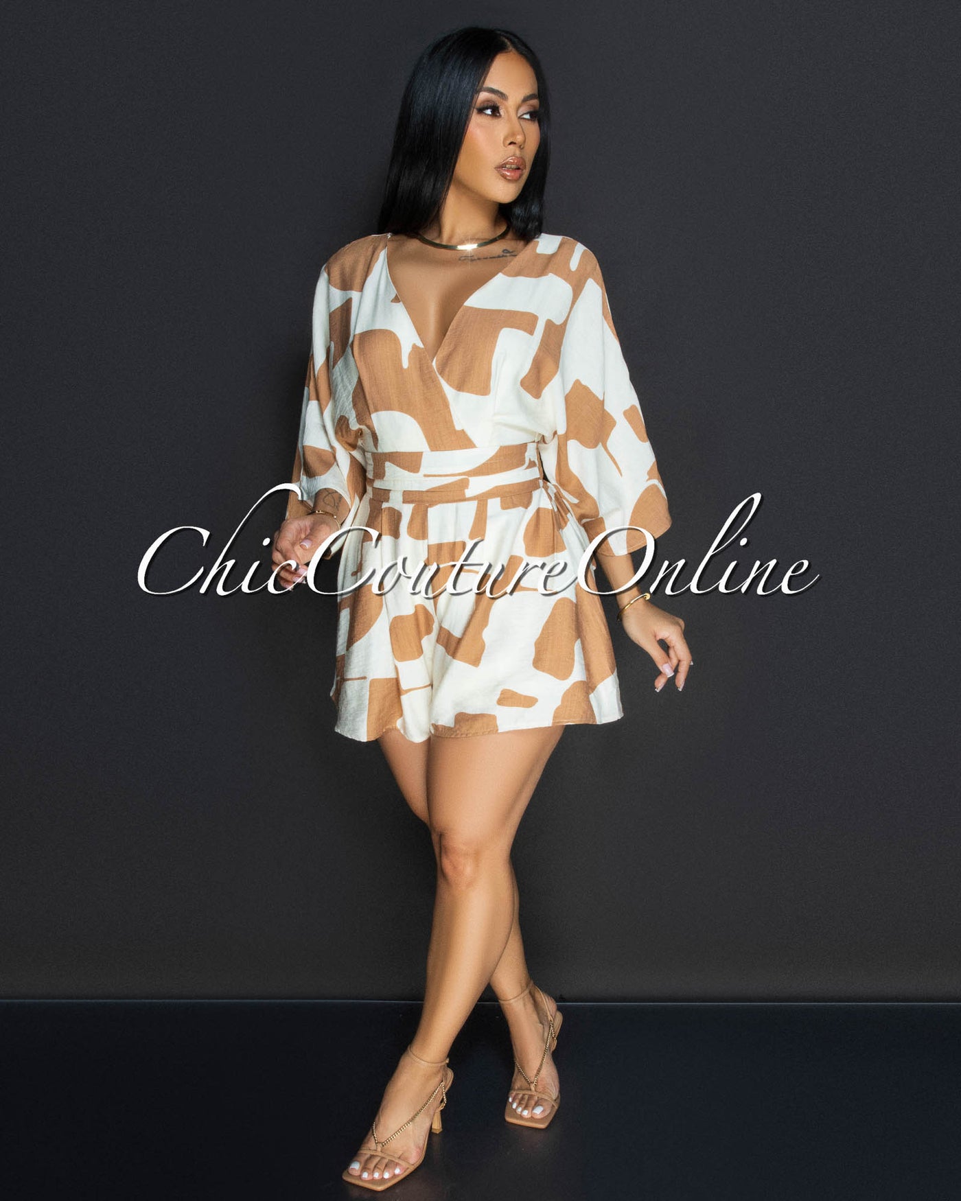 Emba Tan Beige Print Romper