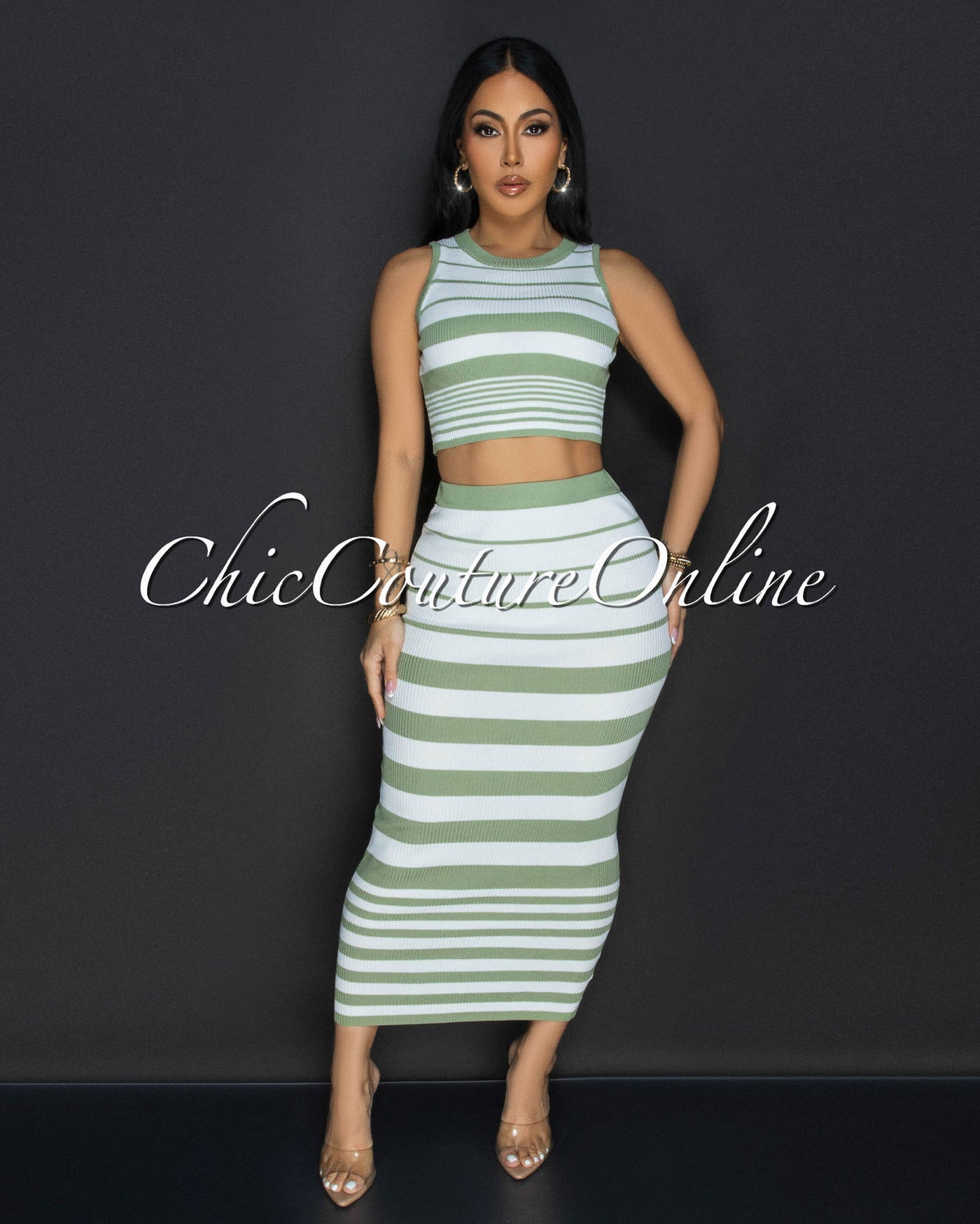 Evaline White Green Stripes Top & Midi Skirt Set