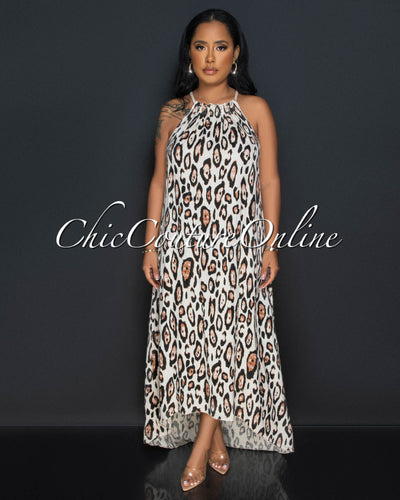 Teesa Nude Leopard Print High-Low Halter LINEN Dress