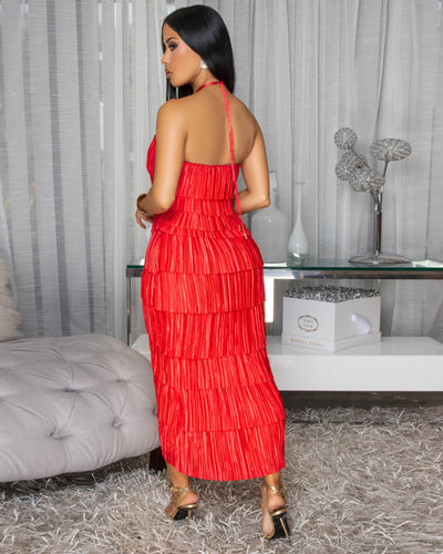 Calandra Coral Red Pleated Midi Dress