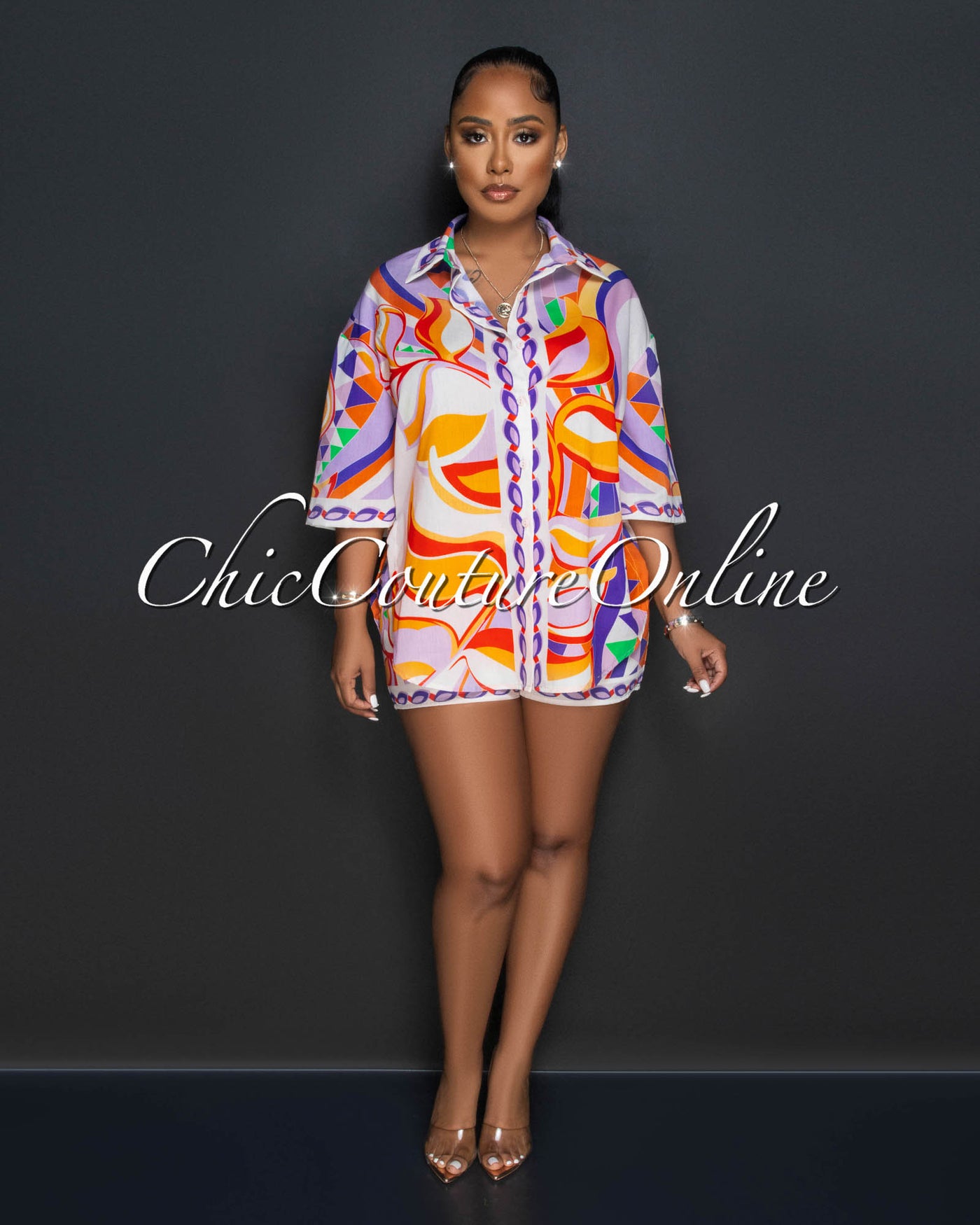 Kristina Orange Lilac Multi-Color Print Shirt & Shorts Set