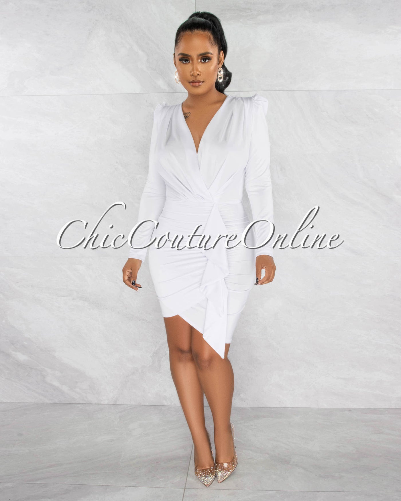 *Graciela White Deep-V Ruffle Accent Dress