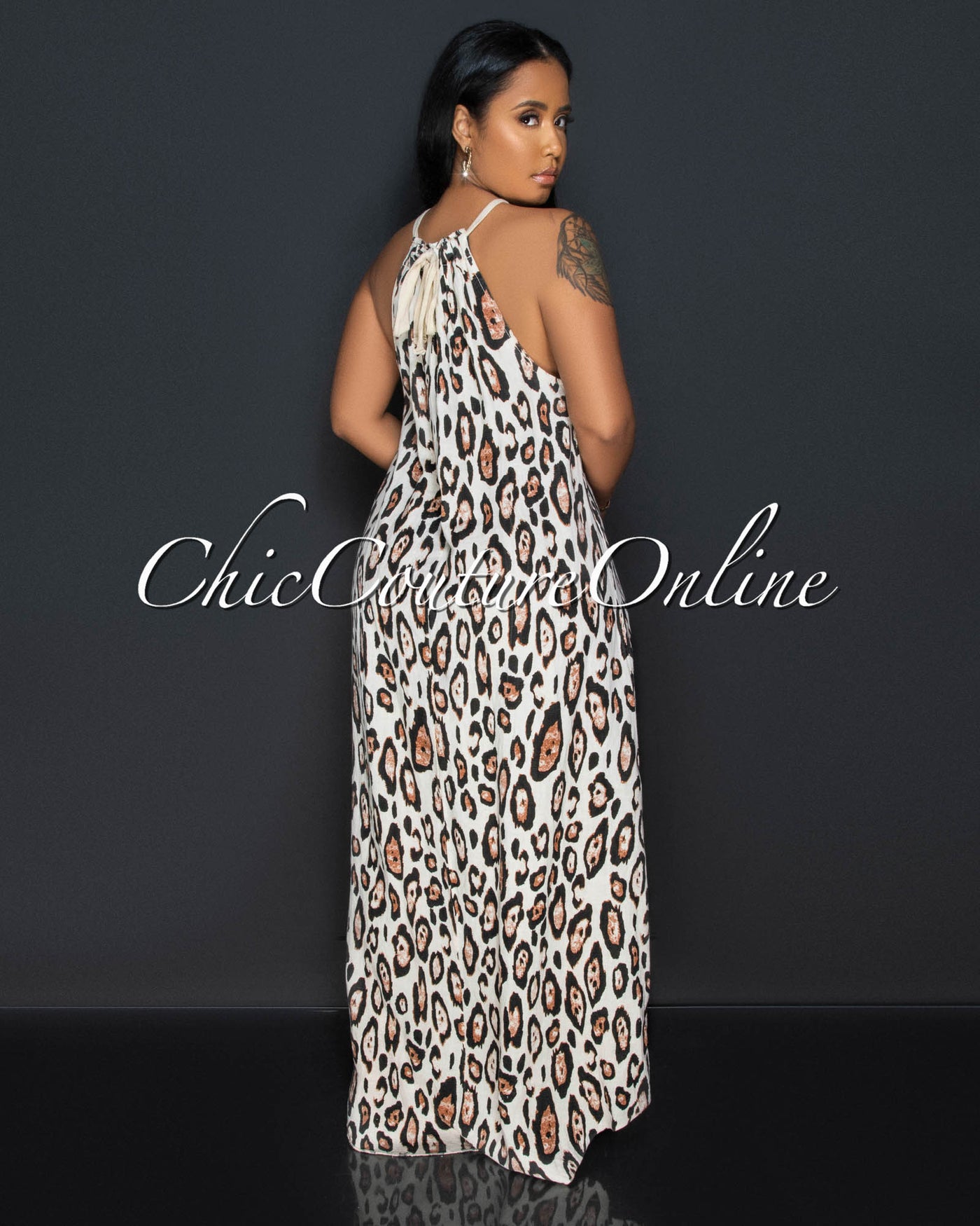 Teesa Nude Leopard Print High-Low Halter LINEN Dress