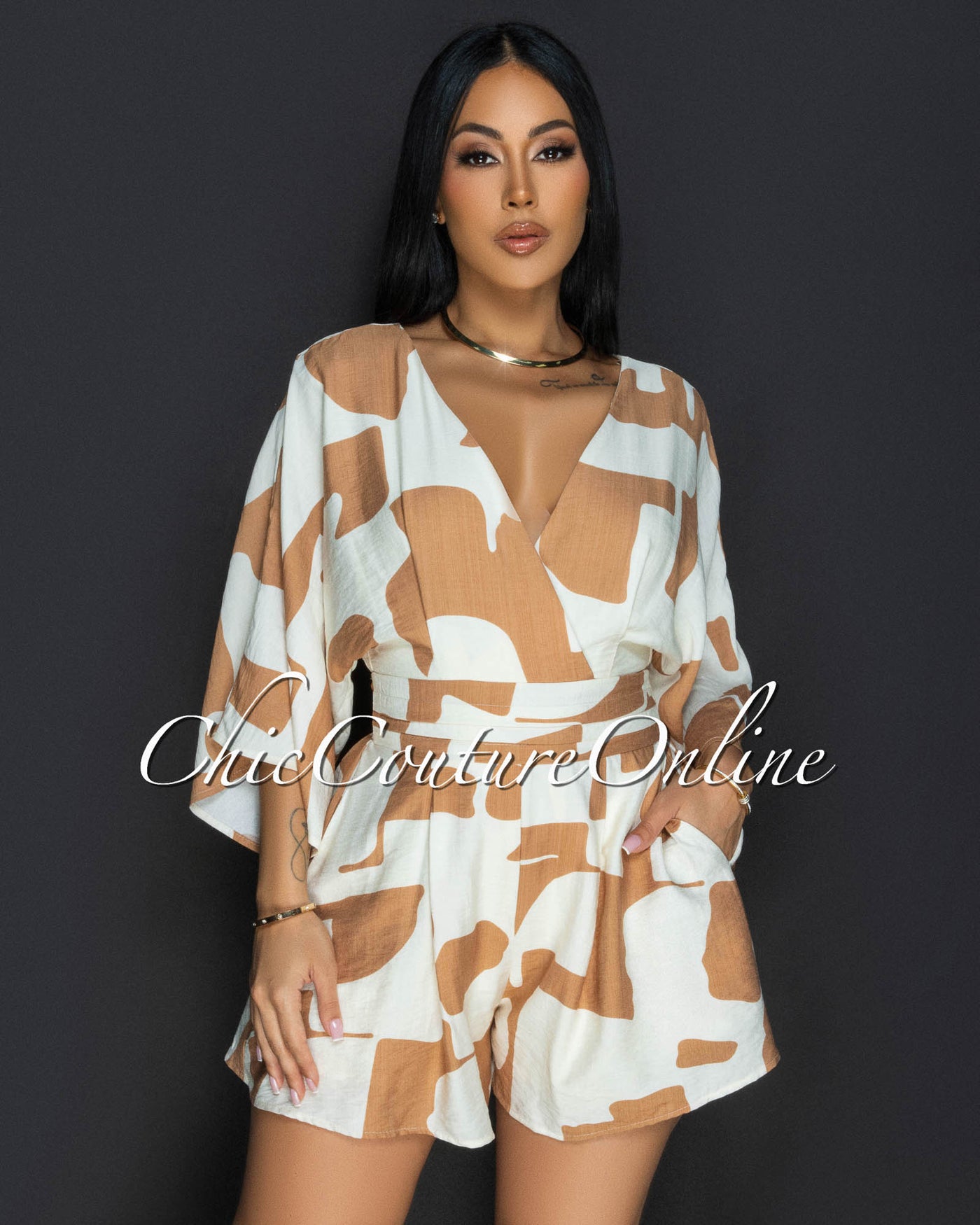 Emba Tan Beige Print Romper