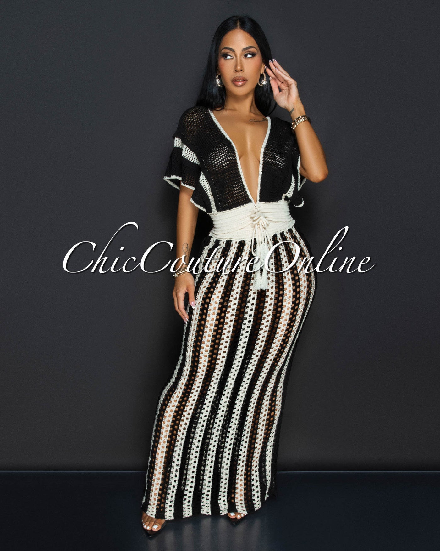 Abani Black Nude Crop Top & Maxi Skirt Crochet Set