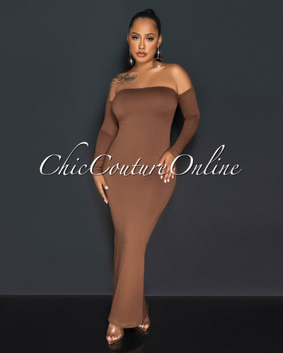 Grenade Brown Low Ruched Back Double Lined Maxi Dress