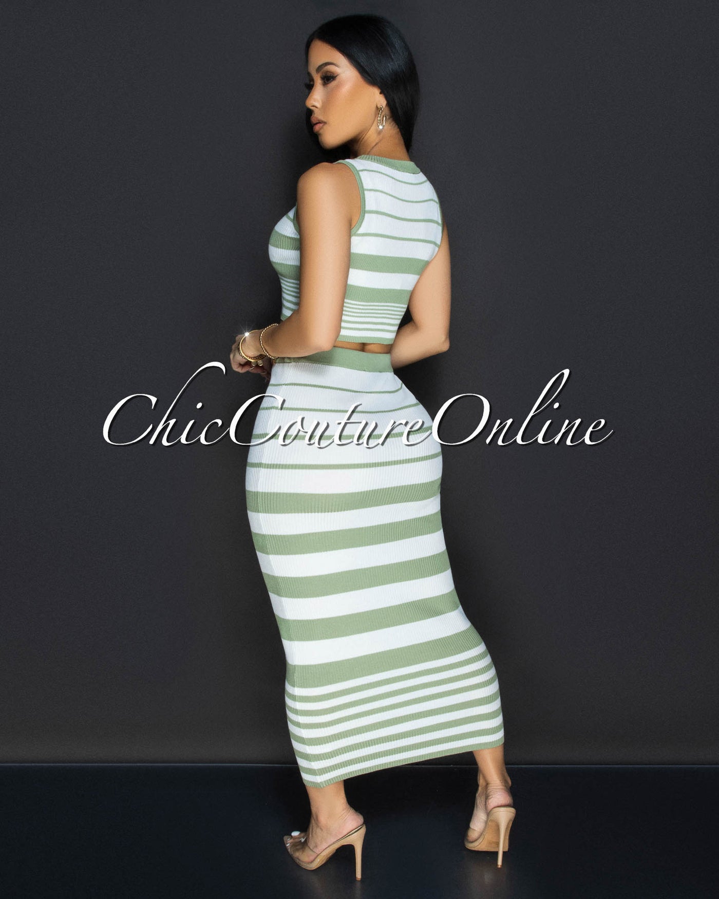 Evaline White Green Stripes Top & Midi Skirt Set