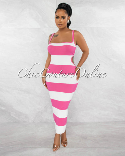 Fontana Pink White Stripes Knit Open Back Midi Dress