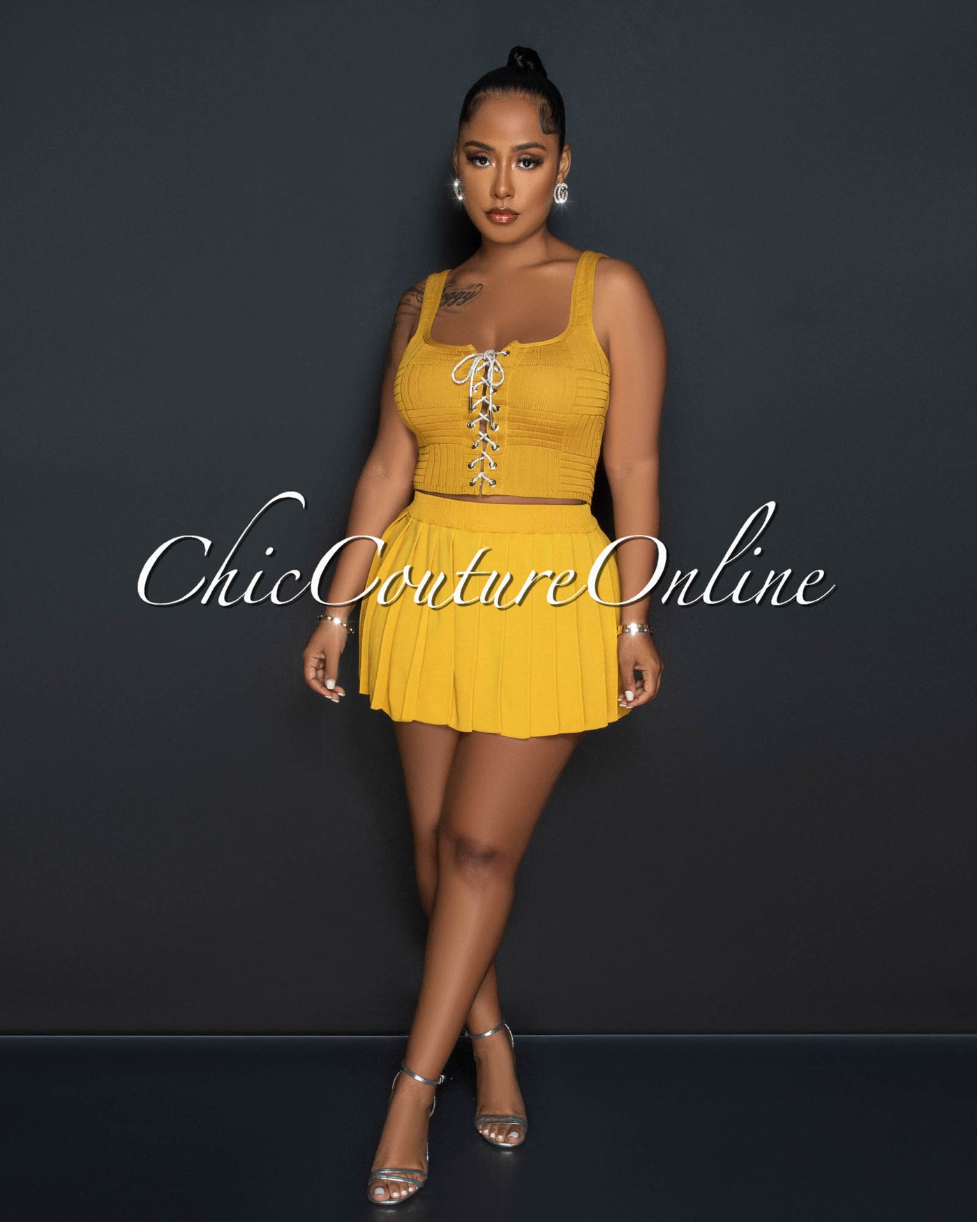 Barney Mustard Rhinestones Lace-Up Top & Mini Pleated Skirt Set