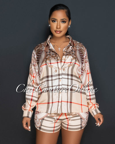 Bethany Nude Plaid Print Silky Shirt & Shorts Set