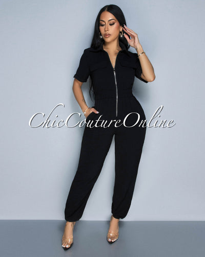 Sumi Black Utility Cargo Jumpsuit